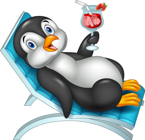 پنگوئن کارتون نشسته روی صندلی ساحل و برگزاری