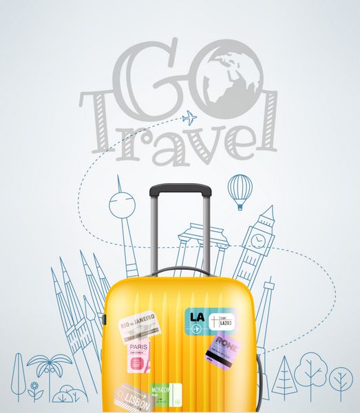 کیسه مسافرتی پلاستیکی رنگ با عناصر سفر مختلف تصویر برداری مفهوم سفر