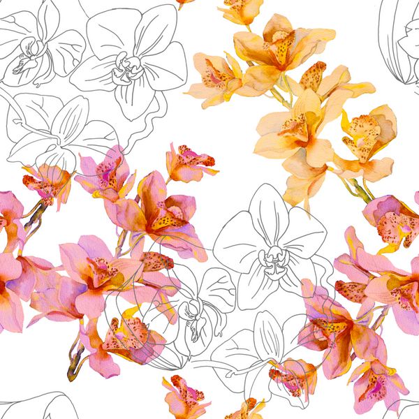 الگوی گل بدون درز Orchids طرح Waterecolor رسم کنتور