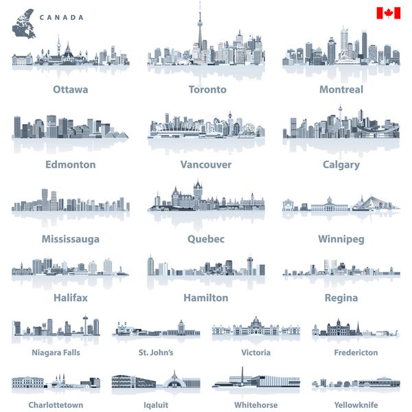 بزرگترین شهرهای کانادایی و همه کشورها اسلایلی ها را در رنگ پالت رنگ آبی با بازتاب آب می گیرند؛ نقشه و پرچم کانادا