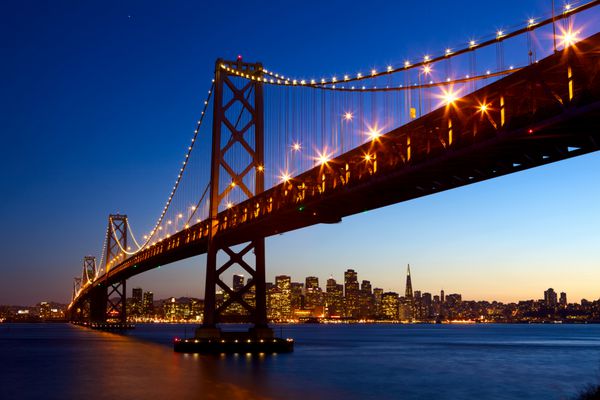 خط افق سان فرانسیسکو و پل خلیج در غروب کالیفرنیا ایالات متحده آمریکا