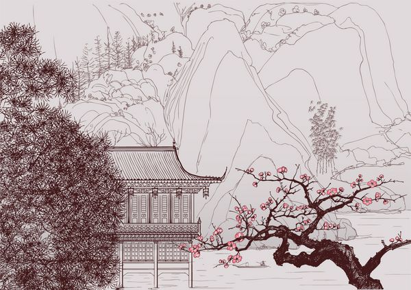 تصویر برداری از یک چشم انداز چینی در سبک نقاشی چینی قدیمی