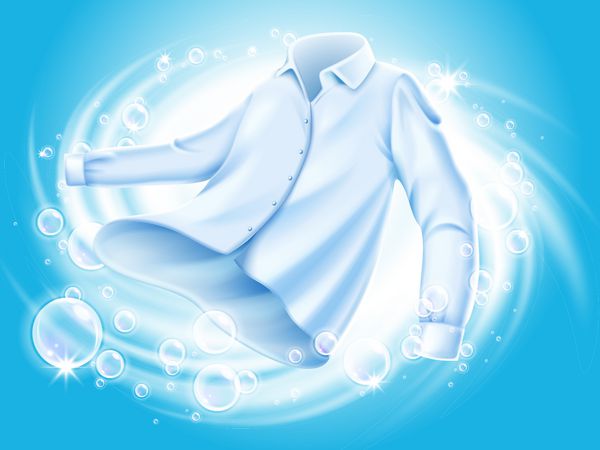 پیراهن سفید شسته شده و چرخش در آب با عناصر حباب صابون جدا شده آبی رنگ پس زمینه 3D