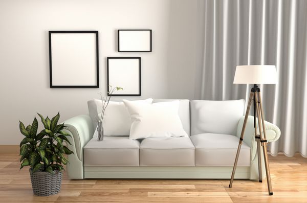 اتاق نشیمن داخلی سبک سفید با دیوار بالش گیاهان لامپ و قاب کف چوبی در پس زمینه سفید دیوار رندر 3D