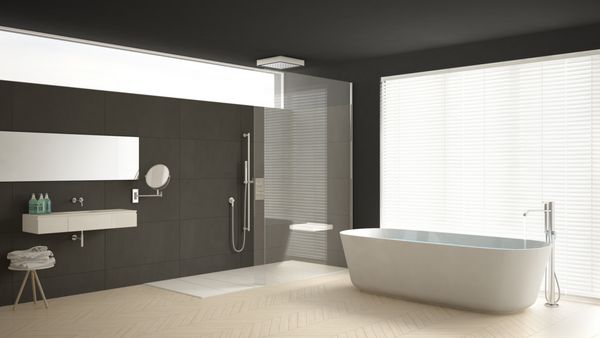 حمام مینیمال با حمام و دوش کفپوش پارکت و کاشی های سنگ مرمر طراحی داخلی داخلی کلاسیک سفید و خاکستری تصویر 3 بعدی