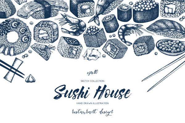 طراحی کارت های برداری با جوهر کشیده تصویر سوشی قالب فهرست با طرح غذای سنتی آسیایی غذای دریایی در پس زمینه سفید