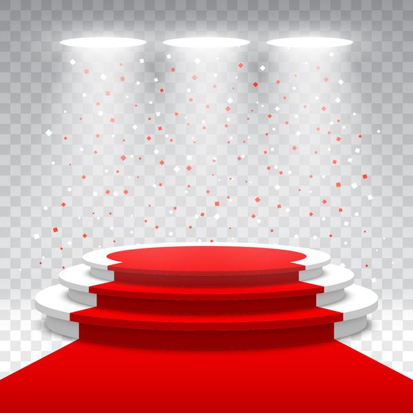 پدیا سفید پوشیده شده با فرش قرمز و کوفته در زمینه شفاف مرحله مراسم اهدای جوایز پایه نور افکن تصویر برداری