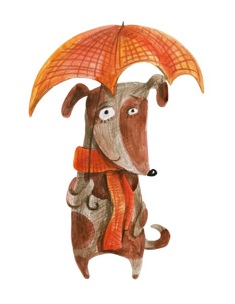 سگ با چتر قرمز پدری تصویر آبرنگ طراحی دست