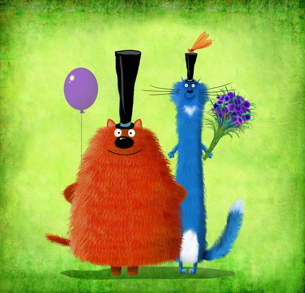 دو گربه خنده دار با کلاه های بالا که حاوی گل و یک بالن ایستاده در پس زمینه سبز است