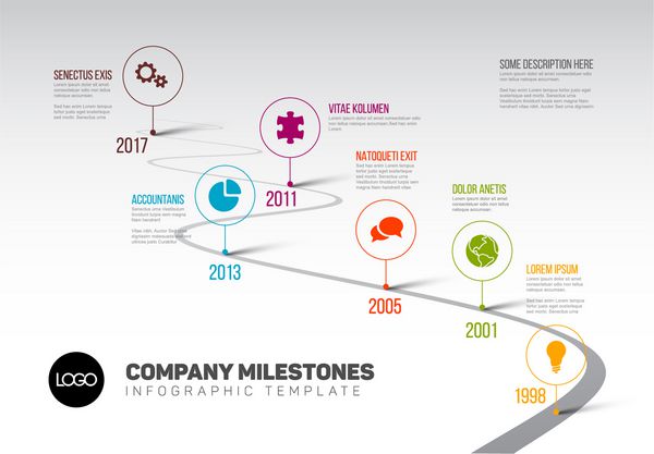 Vector Infographic Company Milestones Timeline Template با اشاره گرها در یک خط جاده منحنی