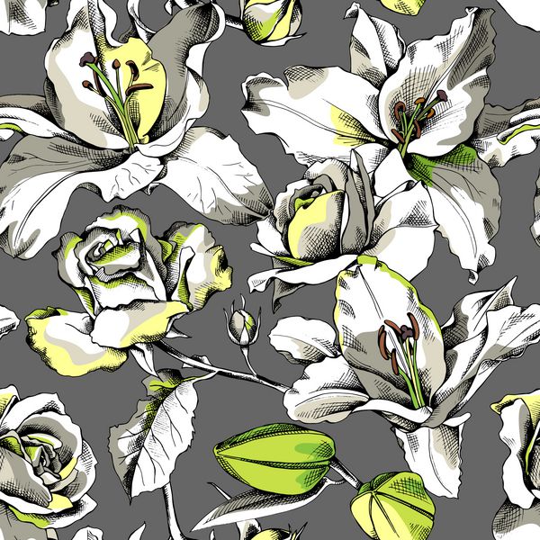 الگوی بدون درز با گل لیلی و گل رز در یک پس زمینه خاکستری تصویر برداری