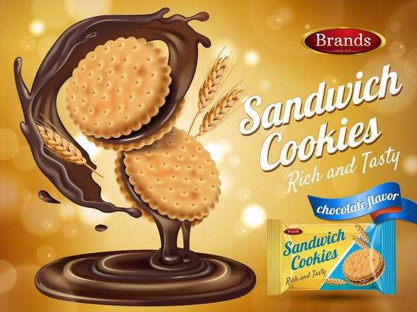 شکلات عطر و طعم ساندویچ کوکی تبلیغ با بسته بندی و عناصر گندم تصویر 3D