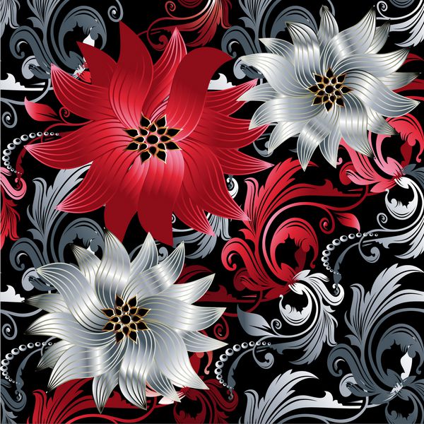 الگوی گلدار بدون درز باروک بردار سیاه و سفید پس زمینه تصویر زمینه تصویر با پرنعمت زیبا زیبا مدرن 3D سفید و قرمز گل چرخش اسکرول برگ و زیور آلات ویکتوریا