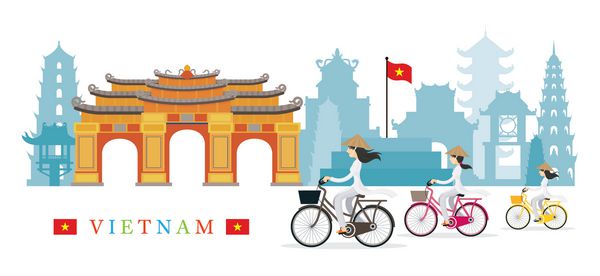 زنان ویتنامی با کلاه دوچرخه سواری مخروطی زمینه های برجسته فرهنگ سفر و جاذبه های گردشگری