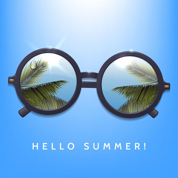 سلام تابستان بازتاب پالم در عینک آفتابی دور پس زمینه آبی آسمان از نور خورشید eps 10 بردار