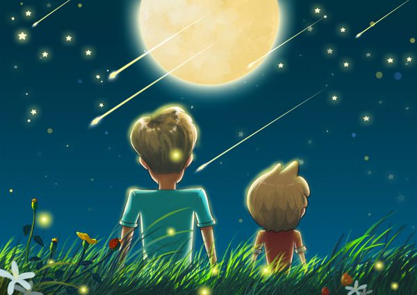 Father and Son in the Beautiful Night with Big Moon and Shooting Stars Video Game