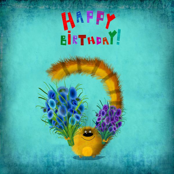 یک کارت تولد فوق العاده زیبا یک بچه گربه پوسیدگی کوچک با دو دسته گل های گل آبی ایستاده در پس زمینه آبی رنگ است