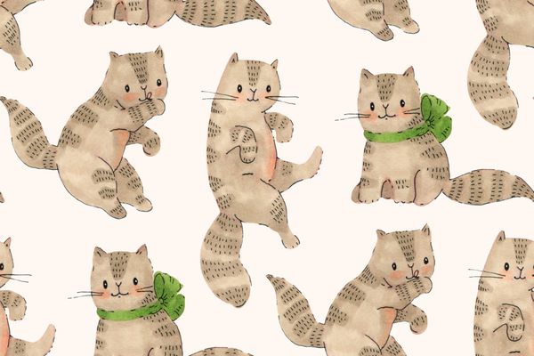 الگوی بدون درز بچه گربه کارتون خنده دار نشانگرهای رسم و جوهر تصویر دست کشیده شده