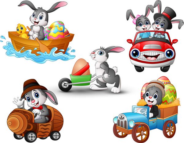 تصویر برداری مجموعه ای از کارتون خرگوش رانندگی وسیله نقلیه