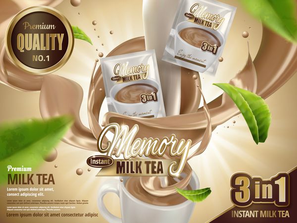 آگهی نوشیدنی فوری با چای سیاه جلوه های ویژه چای شیرین و فنجان حداقل با عناصر پرواز برگ چای تصویر 3d