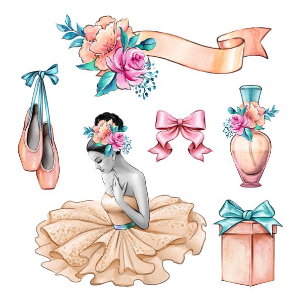 تصویر آبرنگ ballerina پرتره بانوی زیبا گل جعبه هدیه دعوت عروسی مجموعه عناصر طراحی لوازم جانبی مد جدا شده بر روی زمینه سفید