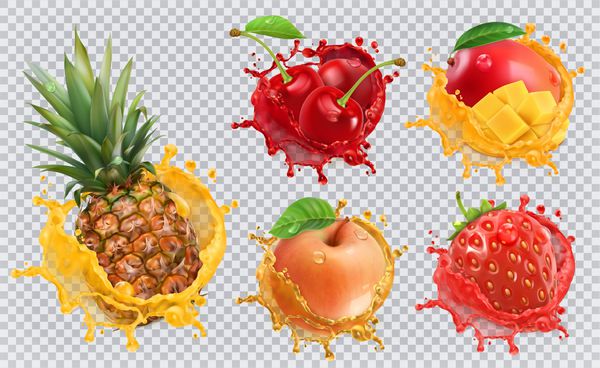 آناناس توت فرنگی سیب گیلاس آب انبه میوه های تازه و splashes 3D آیکون مجموعه ای