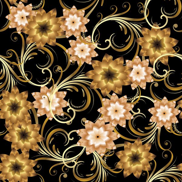 الگوی بدون درز گل با پس زمینه پرنعمت شکوفا 3d flowers wallpaper برگ های خاردار منحنی چرخش طلا و زیور آلات گلدار انتزاعی بردار سطوح طلای 3d گل بافت