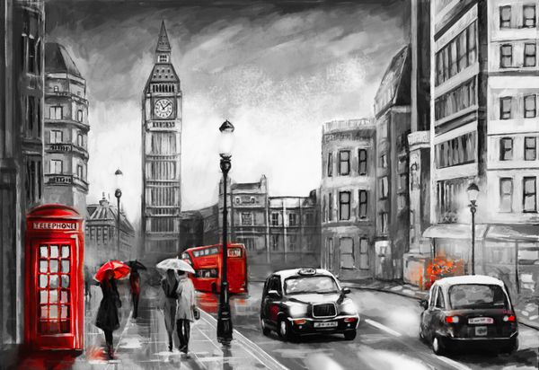 نقاشی روی نقاشی روی نقاشی نمای خیابان لندن اثر هنری بزرگ بن زوج و چتر قرمز اتوبوس و جاده تلفن ماشین سیاه تاکسی انگلستان