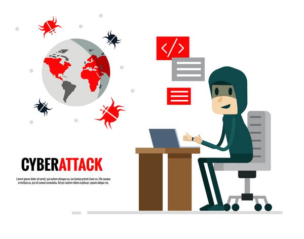 مفهوم Cyber ​​Attack هکر ارسال ویروس به جهان حمله می کند طراحی شخصیت تخت تصویر برداری