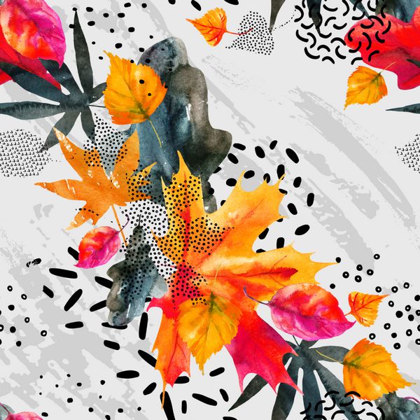 چکیده یکپارچهسازی بافت الگو در رنگ های روشن پاییز نقاشی آبرنگی از برگ های سقوط جواهر کاریکاتور بافت گرانج پس زمینه گل برای طراحی سقوط دست کشیده شده تصویر