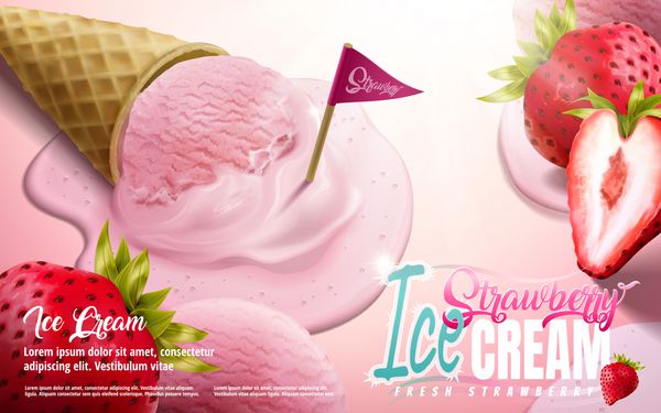 تبلیغات مخلوط بستنی توت فرنگی ذوب بستنی با گوشت خوک توت فرنگی جدا شده بر روی زمینه صورتی در 3D تصویر