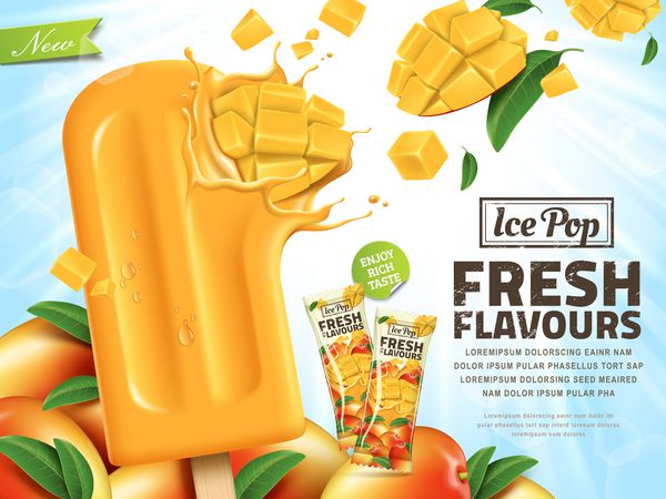 آگهی آفتابگردان تازه انبه یخ زده منگوله بریده شده در popsicle جدا شده بر روی زمینه ی آفتابی در تصویر 3d سبک تابستان
