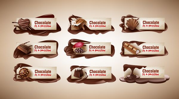مجموعه ای از تصاویر بردار آگهی ها با شیرینی شکلات نوار شکلات لوبیای کاکائو و شکلات ذوب شده قالب عنصر طراحی برای بسته بندی و تبلیغات نشان ها برچسب ها