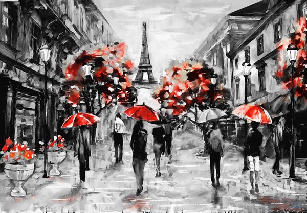 نقاشی روی نقاشی روی نقاشی نمای خیابان پاریس اثر هنری برج ایفل مردم تحت چتر قرمز درخت فرانسه