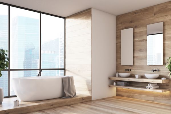 داخلی حمام چوبی با یک وان سفید سینک ظرفشویی دو و آینه و یک درخت در گلدان نمای کنار رندر 3d فتوشاپ