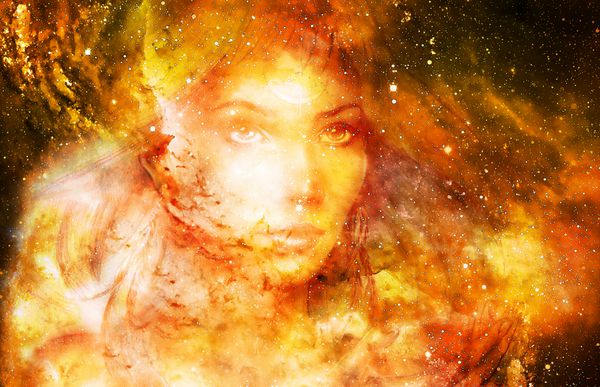زن الهه در فضای کیهانی پس زمینه فضایی کیهانی ارتباط چشمی اثر آتش