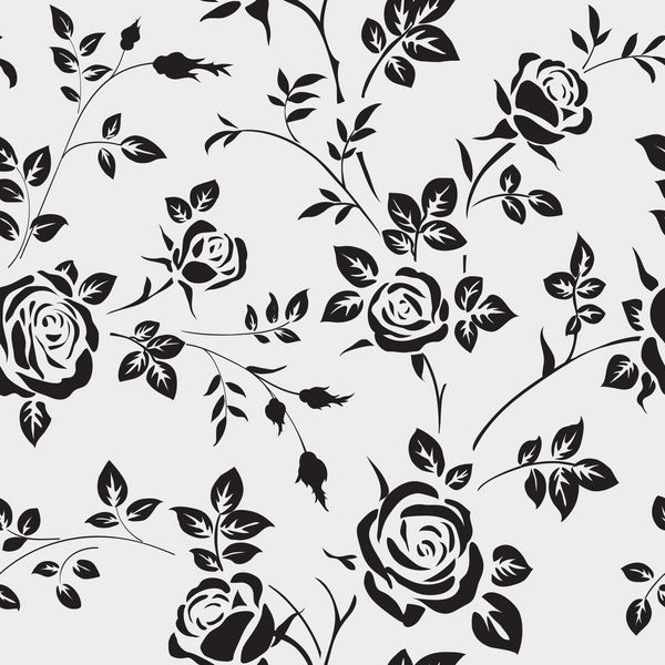 الگوی بدون درز با شبح سیاه و سفید در پس زمینه سفید تصویر زمینه گل