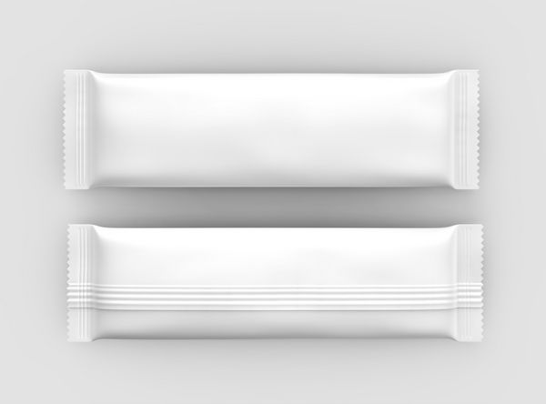 قالب بسته بندی مواد غذایی خالی قالب دو کیسه سفید برای میان وعده قند یا قهوه فوری در رندر 3d نمایش بالا