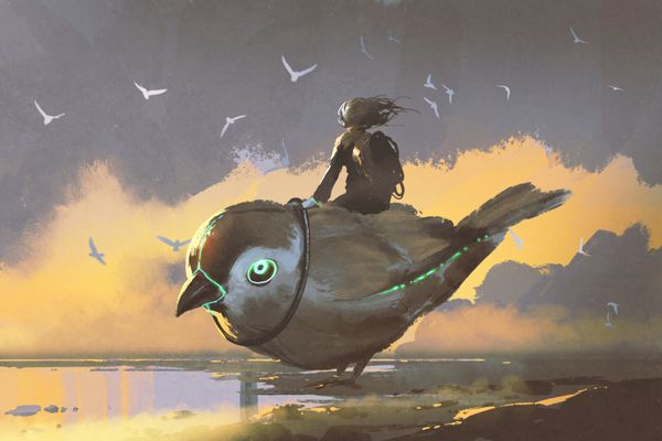 دختر جوان نشسته در پرنده عظیم مربوط به اینده سبک هنر دیجیتال نقاشی تصویر