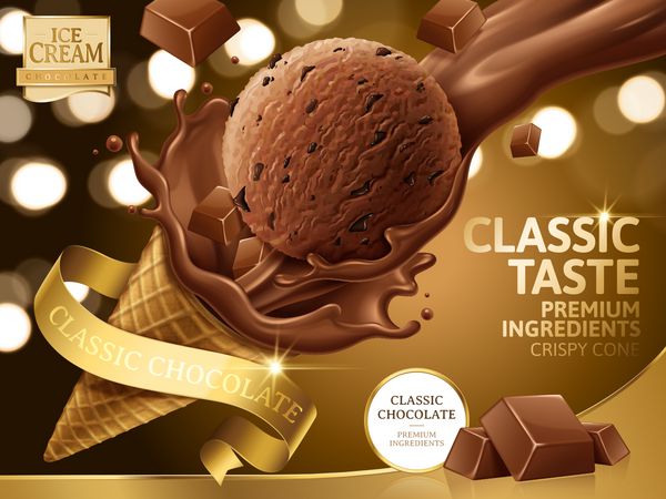 تبلیغات مخلوط بستنی شکلاتی ریختن شکلات toppings با نوارهای طلایی و برچسب جدا شده در پس زمینه بوکه در 3D تصویر