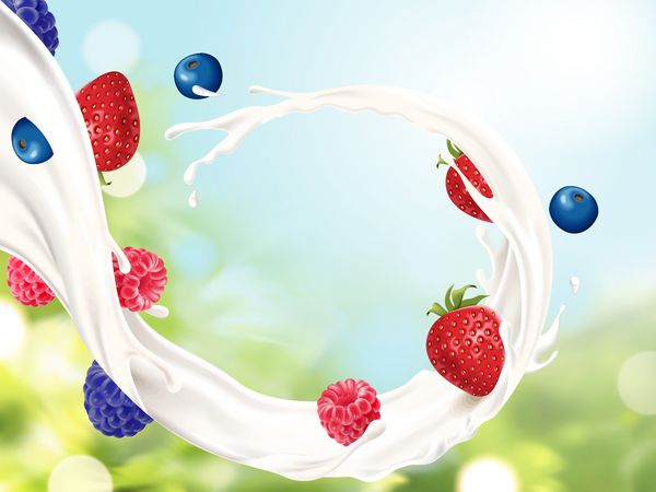 شیر پر از میوه ها شیر تازه با انواع توت ها جدا شده بر روی پس زمینه بوکه در تصویر 3d