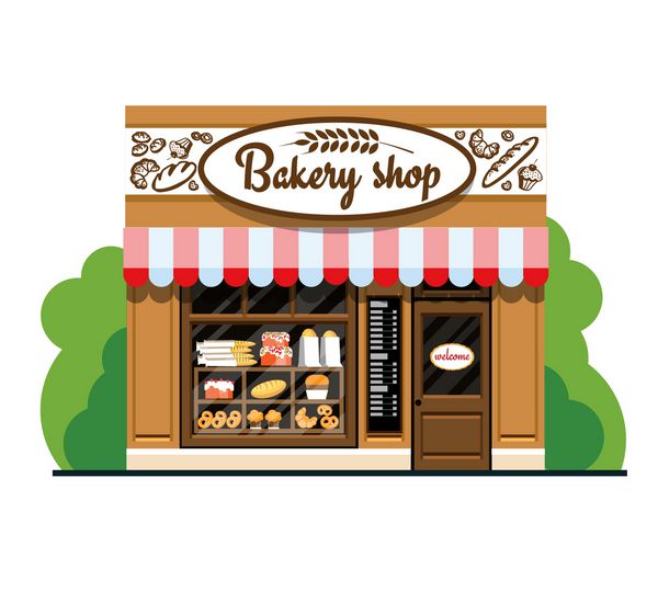 نانوایی مغازه نانوایی در سبک صاف نما یک مغازه نانوایی نما یک فروشگاه نانوایی در سبک صاف تصویر برداری EPS10 فایل