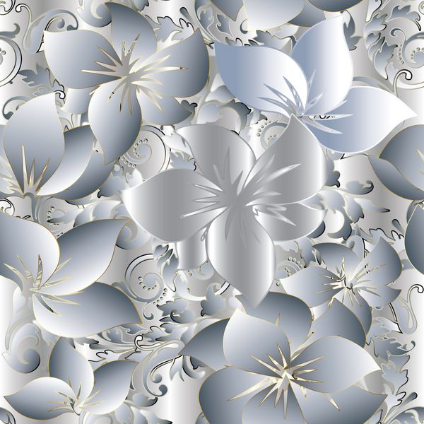 الگوی گلدار بدون درز 3D الگوی پس زمینه بدون درز با گل طلای سفید 3d تزئینی برگ طوسی و دکوراسیون باروک شکوفه بافت بی پایان ظریف است طراحی گلخانه مدرن