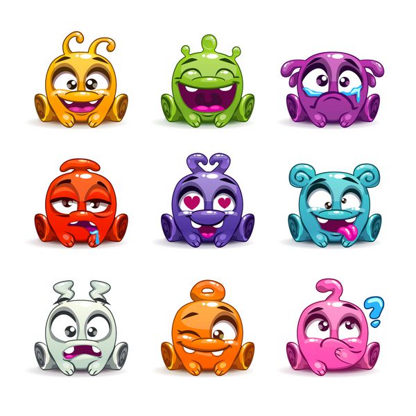 کارتون خنده دار بیگانگان براق رنگارنگ مجموعه شخصیت های خنده دار وکتور با احساسات مختلف در چهره مجموعه کوچکی از هیولاها