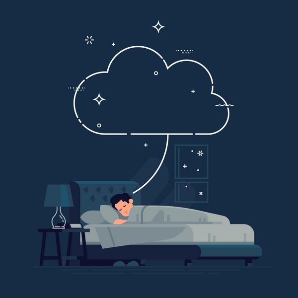 مرد خوابیدن یک قالب مفهوم رویایی تصویر برداری تخت سرد با ابر روان خالی و مرد خواب