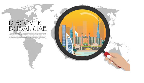 دبی اطلاعاتی امارات متحده عربی infographic سفر به قالب ارائه دبی نقشه جهانی با بزرگنمايي شیشه دستبند ذره بین مفهوم کشف دوبی