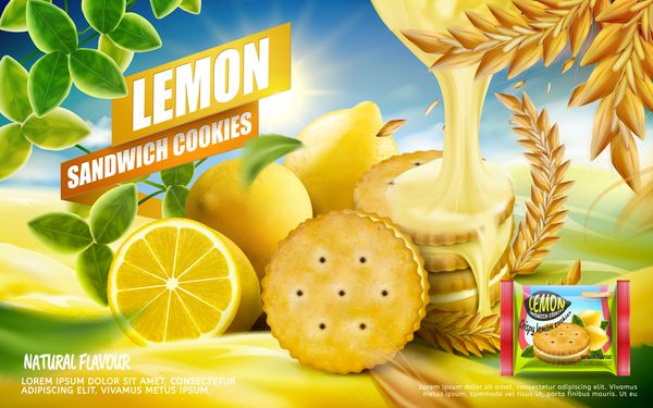 کوکی ها ساندویچ لیمو کوکی ها و لیمو ترش و تلخ با سس تبخیر جدا شده بر روی زمینه باغچه در 3D تصویر