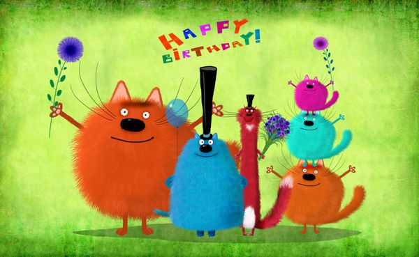 یک کارت تولد خنده دار یک شرکت بزرگ از گربه های رنگارنگ با کلاه های بلند گل و بادکنک در پس زمینه سبز روشن