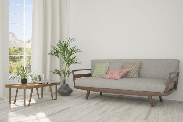 ایده اتاق سفید با مبل و چشم انداز تابستانی در پنجره طراحی داخلی اسکاندیناوی تصویر 3D