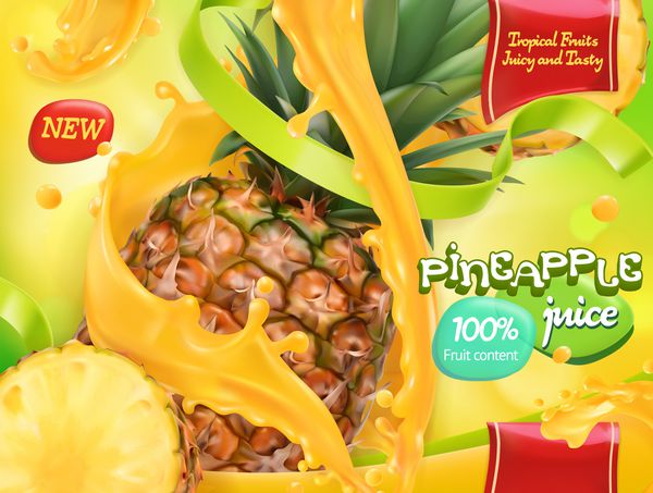 آب آناناس میوه های گرمسیری شیرین بردار واقع بینانه 3D طراحی بسته بندی